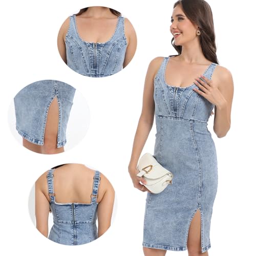 Sleeveless Bodycon Denim Summer Dress for Women with Sexy Slit Mini Jean Dresses - Image 7
