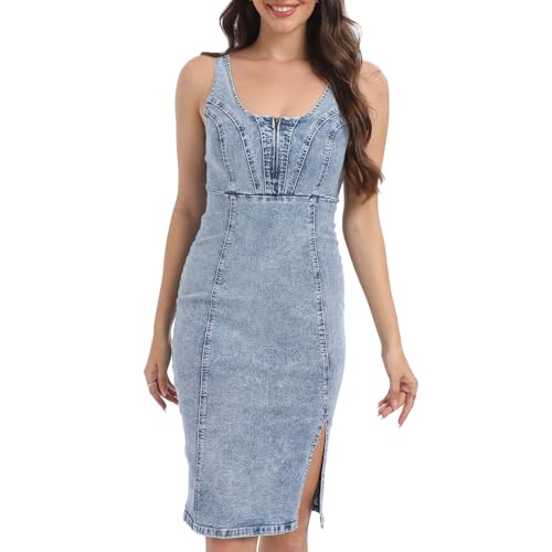 Sleeveless Bodycon Denim Summer Dress for Women with Sexy Slit Mini Jean Dresses