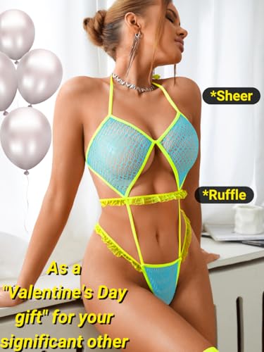 Strappy Fishnet Bodysuit with Stockings, Glow in the Dark Lingerie Set Fits 0-10, Contrast Color Bodystocking - Image 3