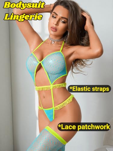Strappy Fishnet Bodysuit with Stockings, Glow in the Dark Lingerie Set Fits 0-10, Contrast Color Bodystocking - Image 5