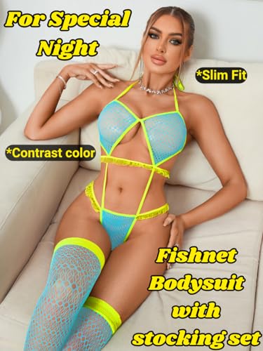 Strappy Fishnet Bodysuit with Stockings, Glow in the Dark Lingerie Set Fits 0-10, Contrast Color Bodystocking - Image 6
