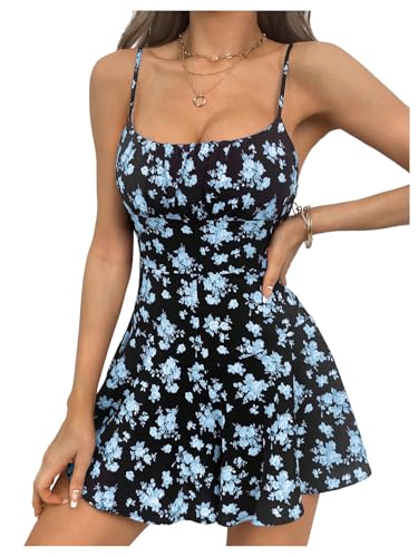 SweatyRocks Women's Floral Short Jumpsuits Boho Sleeveless Rompers Zipper Going Out Cami Rompers