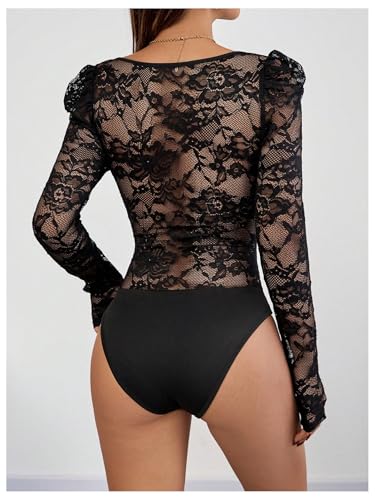 SweatyRocks Women's Sheer Floral Lace Scoop Neck Bodysuit Puff Long Sleeve Slim Fit Leotard Tops - Image 3