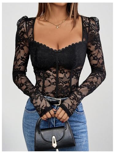 SweatyRocks Women's Sheer Floral Lace Scoop Neck Bodysuit Puff Long Sleeve Slim Fit Leotard Tops - Image 5