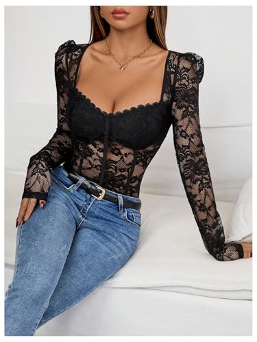 SweatyRocks Women's Sheer Floral Lace Scoop Neck Bodysuit Puff Long Sleeve Slim Fit Leotard Tops - Image 6