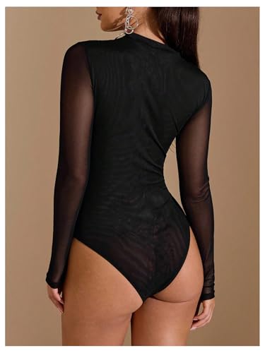 SweatyRocks Women's Sheer Mesh Bodysuit Ruched Mock Neck Long Sleeve Fitted Leotard - Image 3