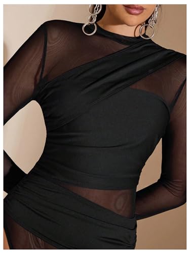 SweatyRocks Women's Sheer Mesh Bodysuit Ruched Mock Neck Long Sleeve Fitted Leotard - Image 4