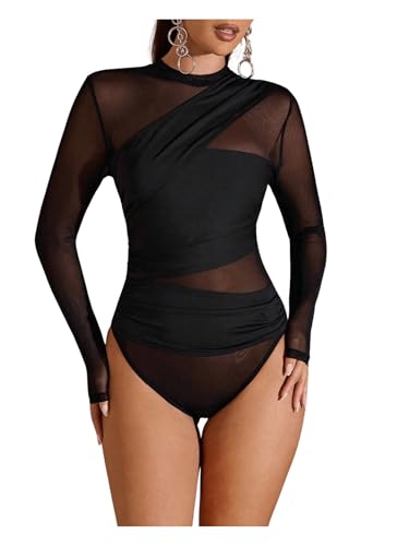 SweatyRocks Women's Sheer Mesh Bodysuit Ruched Mock Neck Long Sleeve Fitted Leotard - Image 5