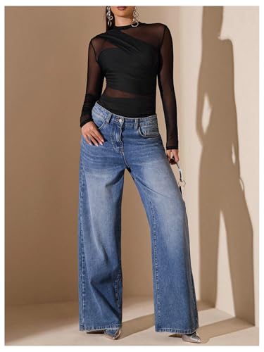 SweatyRocks Women's Sheer Mesh Bodysuit Ruched Mock Neck Long Sleeve Fitted Leotard - Image 6