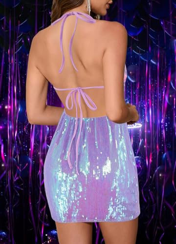 Testudineus Glitter Mini Sleeveless Homecoming Dresses Halter Sequin Hollow Out Club Night Out Evening Cocktail Party Dress - Image 5