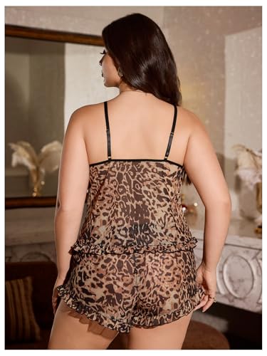 Verdusa Women's Plus Size 2 Piece Sheer Pajama Set Leopard Mesh Ruffle Camisole with Booty Shorts Loungewear - Image 3