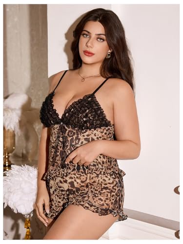 Verdusa Women's Plus Size 2 Piece Sheer Pajama Set Leopard Mesh Ruffle Camisole with Booty Shorts Loungewear - Image 5