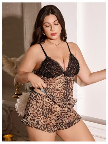 Verdusa Women's Plus Size 2 Piece Sheer Pajama Set Leopard Mesh Ruffle Camisole with Booty Shorts Loungewear - Image 6