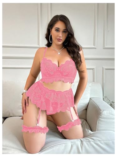 Verdusa Women's Plus Size 4 Piece Lingerie Set Floral Lace Sheer Bralettes and Thong with Garter Belt - Image 4