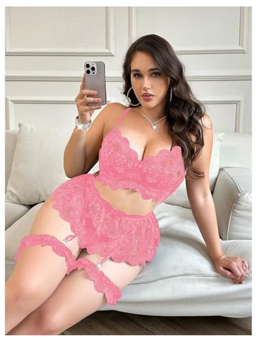 Verdusa Women's Plus Size 4 Piece Lingerie Set Floral Lace Sheer Bralettes and Thong with Garter Belt - Image 5