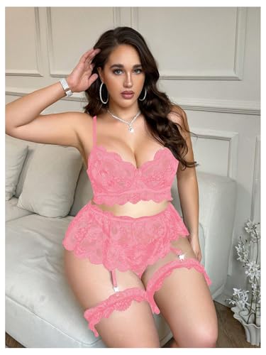Verdusa Women's Plus Size 4 Piece Lingerie Set Floral Lace Sheer Bralettes and Thong with Garter Belt - Image 6