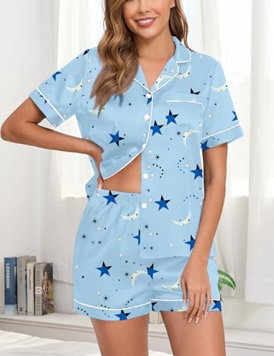 Veseacky Womens Satin Silk Pajamas Set Button Down Short Sleeve Sleepwear Loungewear Top and Short 2 Piece Pjs Set S-XXL - Image 4