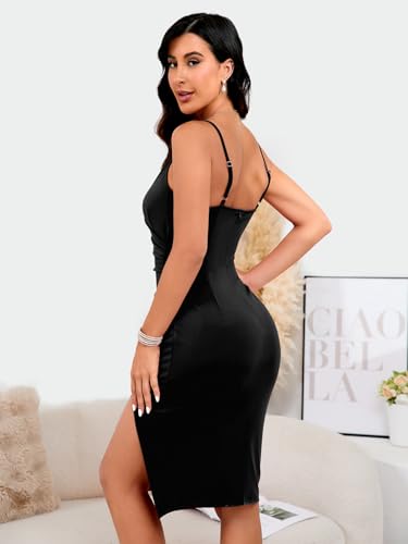 WAYMAKER Women's Sexy V Neck Spaghetti Strap Sleeveless Wrap Ruched Side Slit Bodycon Cocktail Party Wedding Guest Dress - Image 5