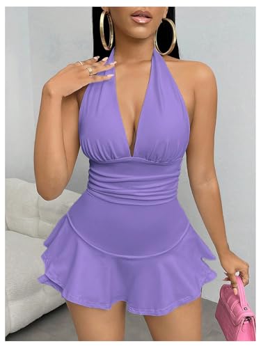 WDIRARA Women's Deep V Neck Sleeveless Halter Romper Ruched Ruffle Backless Shorts Jumpsuit - Image 4