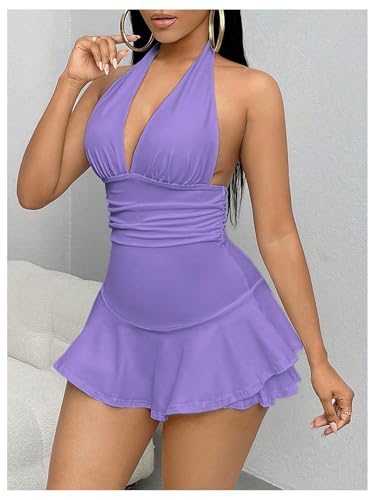 WDIRARA Women's Deep V Neck Sleeveless Halter Romper Ruched Ruffle Backless Shorts Jumpsuit - Image 5