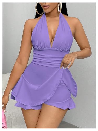 WDIRARA Women's Deep V Neck Sleeveless Halter Romper Ruched Ruffle Backless Shorts Jumpsuit - Image 6