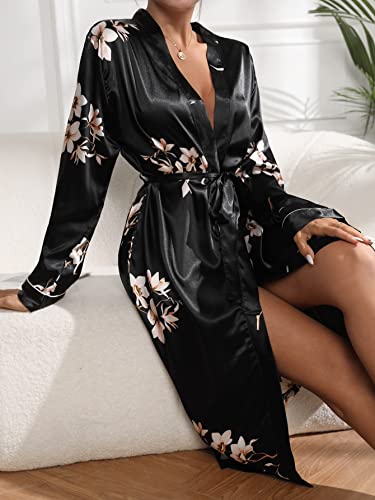 WDIRARA Women's Floral Print Long Sleeve Satin Long Robe Bridesmaid Wedding Party Robe - Image 4