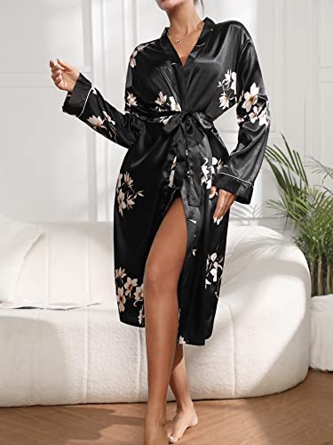 WDIRARA Women's Floral Print Long Sleeve Satin Long Robe Bridesmaid Wedding Party Robe - Image 6