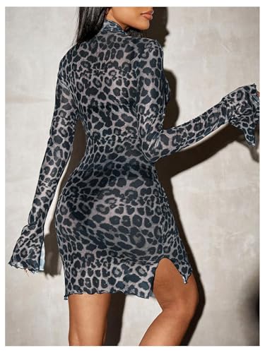 WDIRARA Women's Leopard Print Mock Neck Split Bell Long Sleeve Bodycon Dress Lettuce Trim Sheer Mini Dress - Image 3