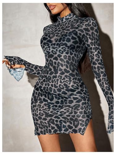 WDIRARA Women's Leopard Print Mock Neck Split Bell Long Sleeve Bodycon Dress Lettuce Trim Sheer Mini Dress - Image 5