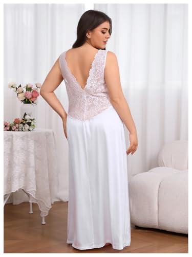 WDIRARA Women's Plus Size Satin Nightgown Double V Neck Lace Backless Long Lingerie Nightdress - Image 3