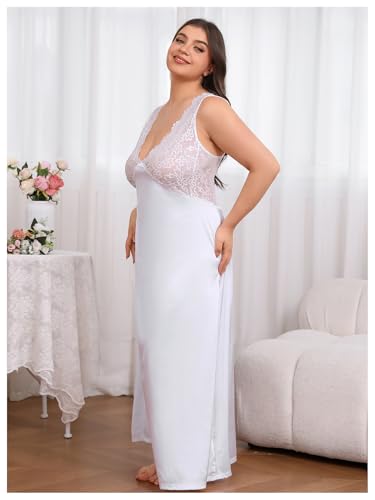 WDIRARA Women's Plus Size Satin Nightgown Double V Neck Lace Backless Long Lingerie Nightdress - Image 4