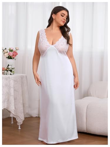 WDIRARA Women's Plus Size Satin Nightgown Double V Neck Lace Backless Long Lingerie Nightdress - Image 5