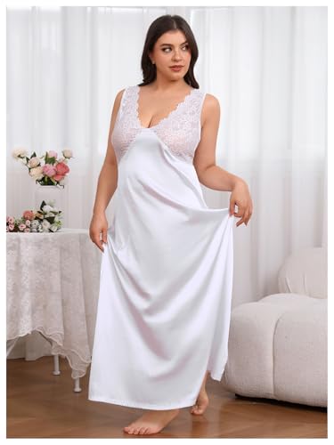 WDIRARA Women's Plus Size Satin Nightgown Double V Neck Lace Backless Long Lingerie Nightdress - Image 6