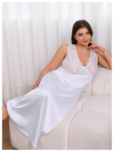 WDIRARA Women's Plus Size Satin Nightgown Double V Neck Lace Backless Long Lingerie Nightdress - Image 7