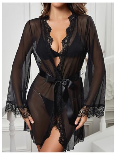 WDIRARA Women's See Through Lace Trim Long Sleeve Belted Short Sheer Robe Kimono - Image 4