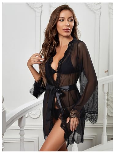 WDIRARA Women's See Through Lace Trim Long Sleeve Belted Short Sheer Robe Kimono - Image 5