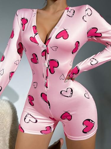 WDIRARA Women's Sexy Heart Print Romper Pajama V Neck Long Sleeve Button Front Onesie Bodycon Overall - Image 6