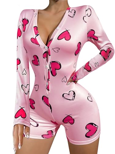 WDIRARA Women's Sexy Heart Print Romper Pajama V Neck Long Sleeve Button Front Onesie Bodycon Overall