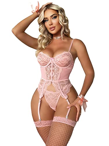 WDIRARA Women's Sexy Lingerie Set Floral Lace Garter Bustier Lingerie Set with 1Pair Fishnet Stocking