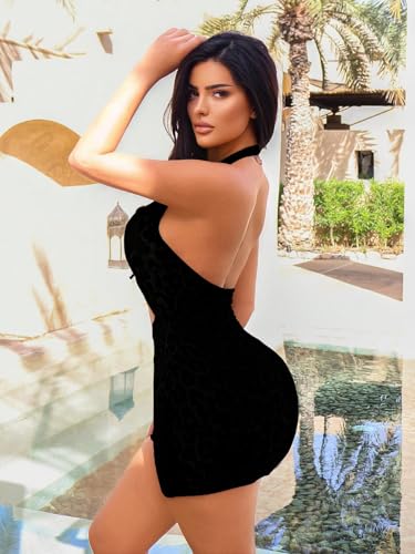 WDIRARA Women's Sexy Romper Leopard Hollow Out Backless Sleeveless Halter Bodycon Short Jumpsuit - Image 4