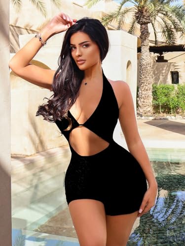 WDIRARA Women's Sexy Romper Leopard Hollow Out Backless Sleeveless Halter Bodycon Short Jumpsuit - Image 5