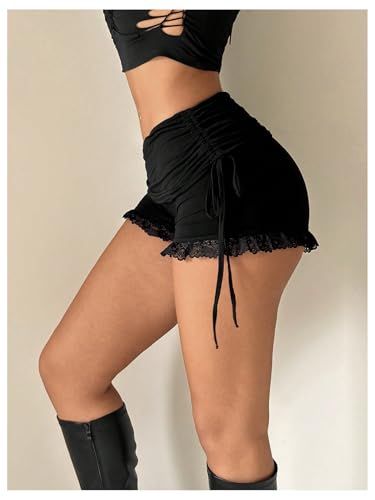WDIRARA Women's Side Drawstring Ruched Lace Shorts Low Rise Stretchy Mini Shorts - Image 4
