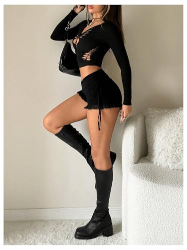 WDIRARA Women's Side Drawstring Ruched Lace Shorts Low Rise Stretchy Mini Shorts - Image 5