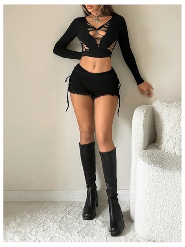 WDIRARA Women's Side Drawstring Ruched Lace Shorts Low Rise Stretchy Mini Shorts - Image 6