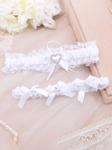 Woeoe Bowknot Bride Wedding Garter White Lace Garters Stretch Crystal Leg Garter for Women - Image 5