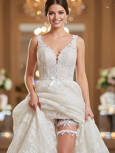 Woeoe Bowknot Bride Wedding Garter White Lace Garters Stretch Crystal Leg Garter for Women - Image 7