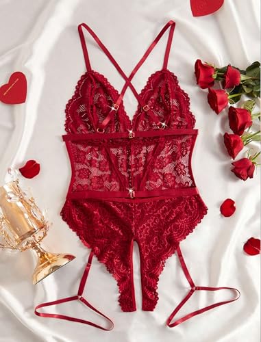 Women Lingerie Set Naughty Lace Bodysuit Sexy BabyDolls Teddy Sleepwear 2pcs (Wireless/Garter Belt/Romper Rings) - Image 4