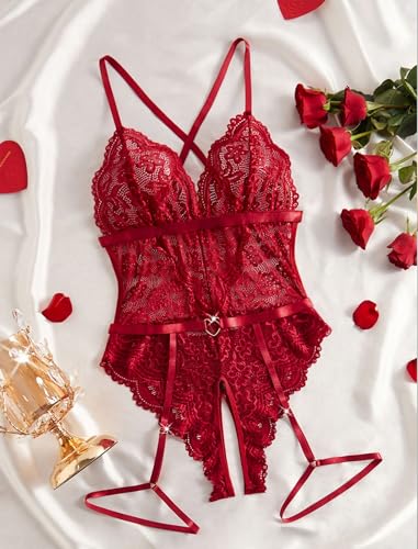 Women Lingerie Set Naughty Lace Bodysuit Sexy BabyDolls Teddy Sleepwear 2pcs (Wireless/Garter Belt/Romper Rings) - Image 5