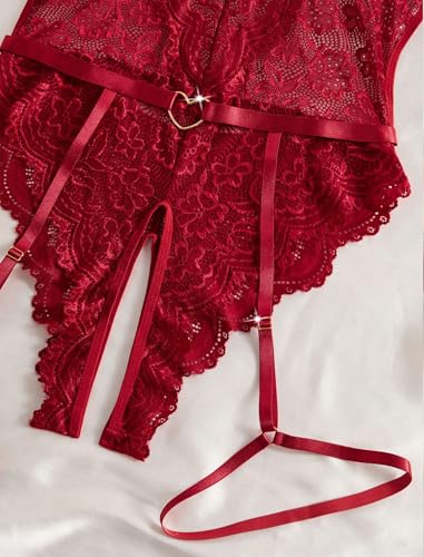 Women Lingerie Set Naughty Lace Bodysuit Sexy BabyDolls Teddy Sleepwear 2pcs (Wireless/Garter Belt/Romper Rings) - Image 7