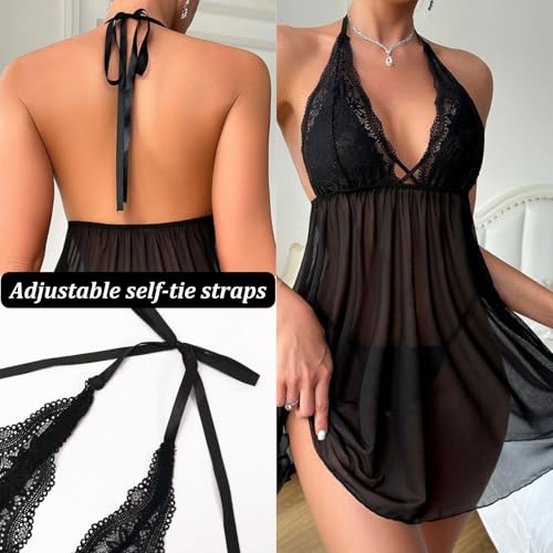 Women Sexy Babydoll Lingerie Halter Neck Deep V-Cut Sheer Mesh Teddy Dress with G-String Backless Sleepwear - Image 3
